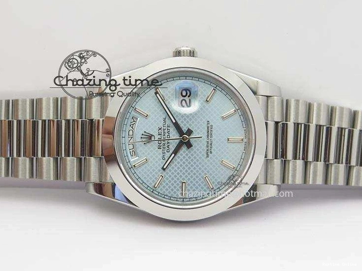 0112 DayDate 40mm BP-Maker 228206 SS Ice Blue Stick Dial (Smooth Bezel) On SS Bracelet ETA FreshLook 3913